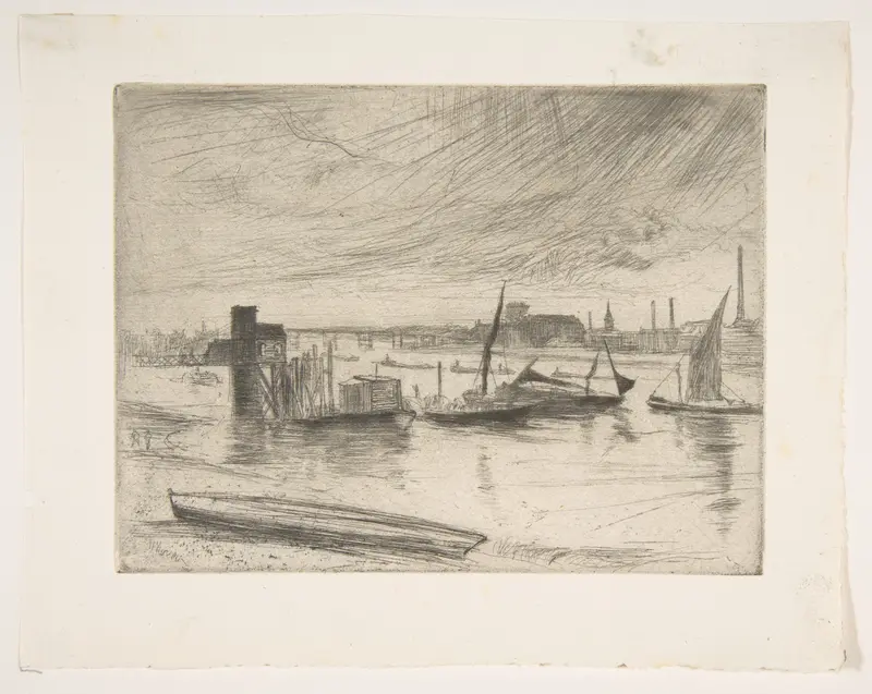 Battersea Dawn by James Abbott McNeill Whistler, Impressionism, depicting a tranquil river landscape at dawn