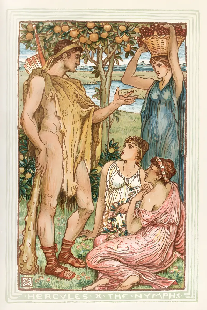 Walter Crane's 'Hercules and the Nymphs' depicts a mythological scene with vibrant colors.
