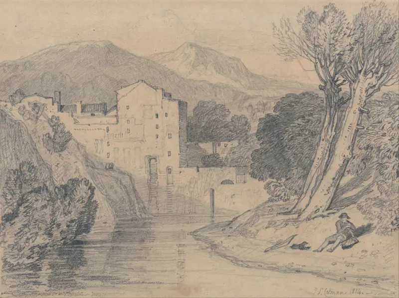 Landscape of hills and shoreline in oil painting by John Sell Cotman