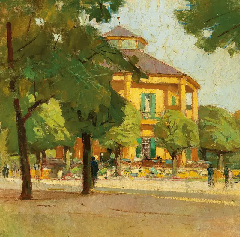 Lusthaus by Carl Moll, oil on canvas depicting a serene garden landscape.