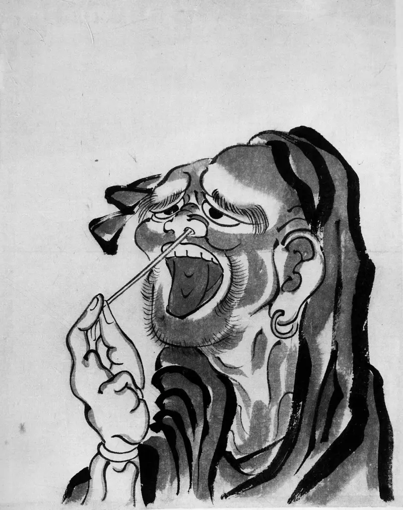 Daruma, the legendary founder of Zen Buddhism, depicted with fierce concentration.
