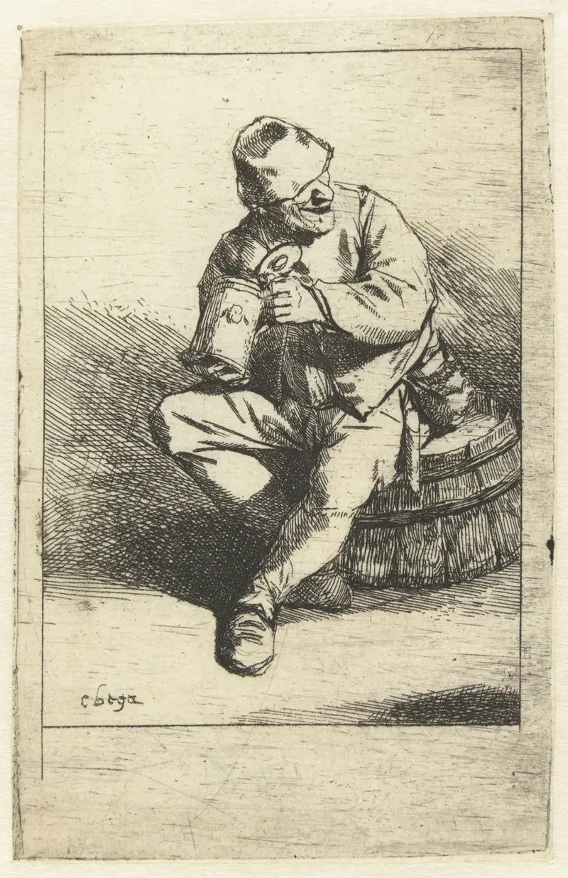 Etching by Cornelis Pietersz. Bega of a man seated on a barrel holding a jug.