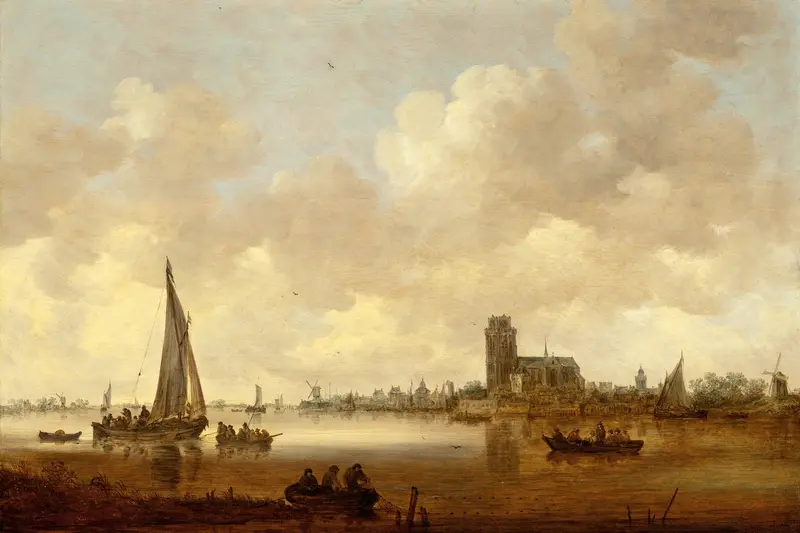 View of Dordrecht by Jan van Goyen, oil painting depicting a river landscape at dusk