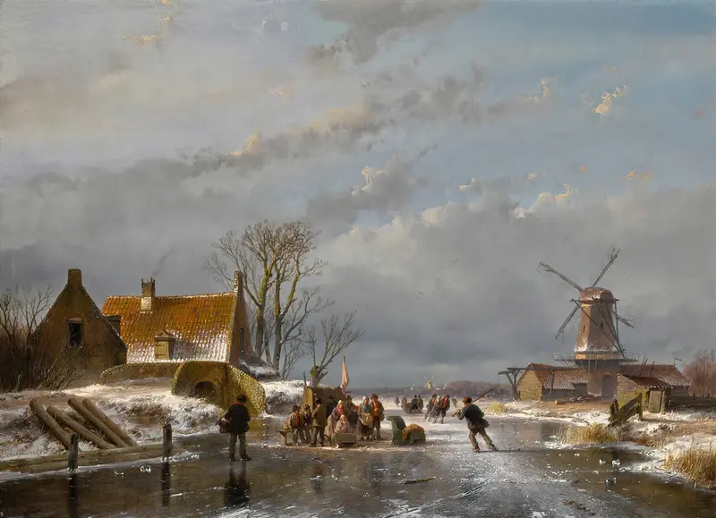 Winter landscape with skaters and koek-en-zopie by Andreas Schelfhout, oil painting