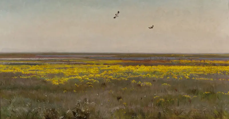 Cowslips by Jozef Chelmonski, oil on canvas featuring vibrant yellow flowers.