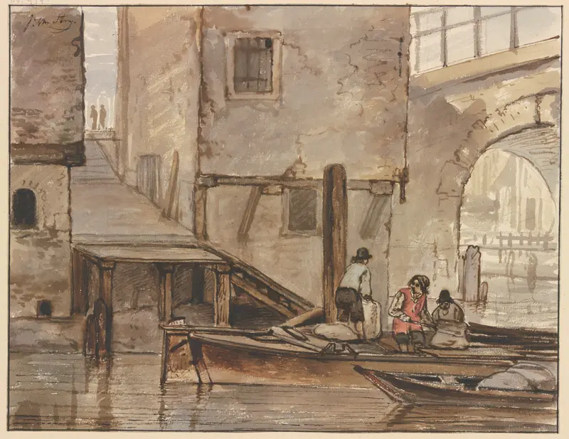 Gracht mit zwei Ruderbooten by Jacob van Strij, oil painting depicting boats on a calm canal
