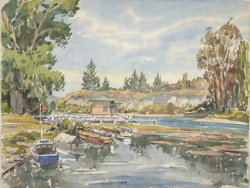 Lake Taupo outlet by Roland Hipkins, oil on canvas depicting a serene landscape.