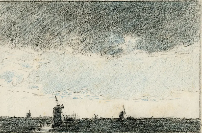 Landscape with windmills and rain, oil painting by Adolf le Comte