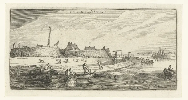 Fishing boats on the river with figures, etching by Esaias van de Velde