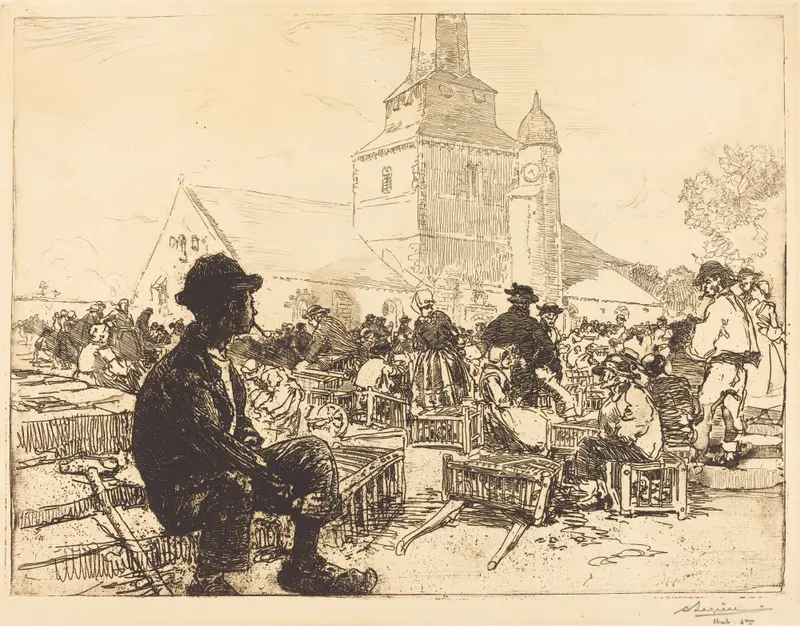 A bustling rural market scene with figures and crates under a church clock tower.