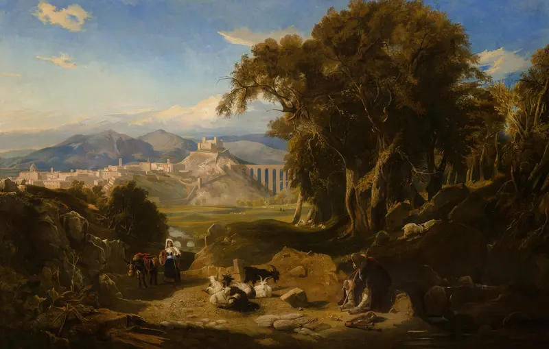 Landscape depicting a goatherd and flock in the Umbrian campagna by Thomas Hartley Cromek