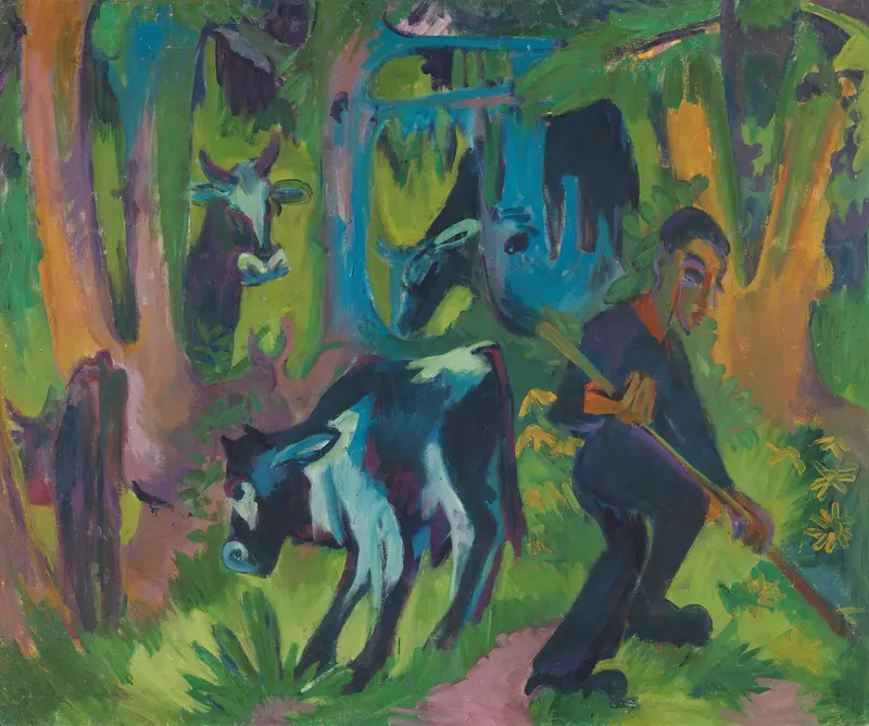 Cows and a human figure in a vibrant forest painted in bold colors and angular strokes.