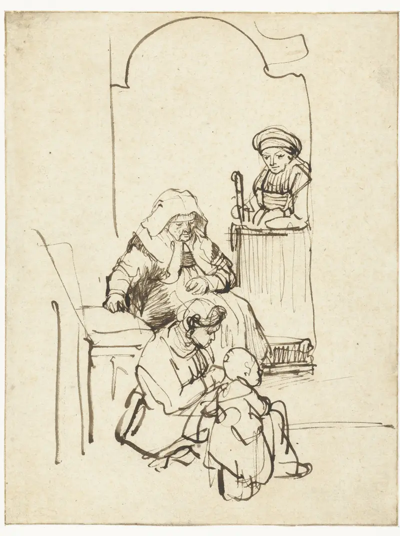 Three women and a child by a door, oil on canvas by Rembrandt van Rijn