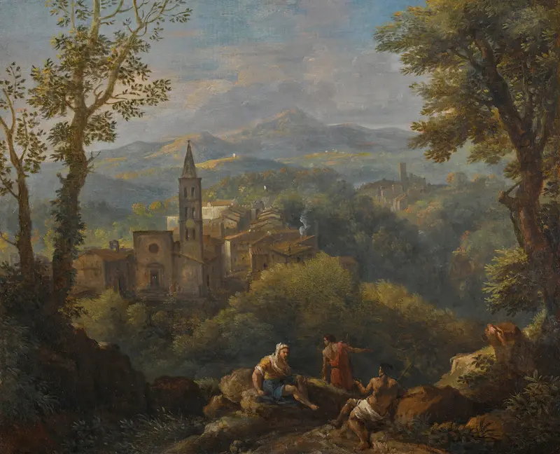Italianate landscape with three figures, hills, and a church by Jan Frans Van Bloemen, oil painting
