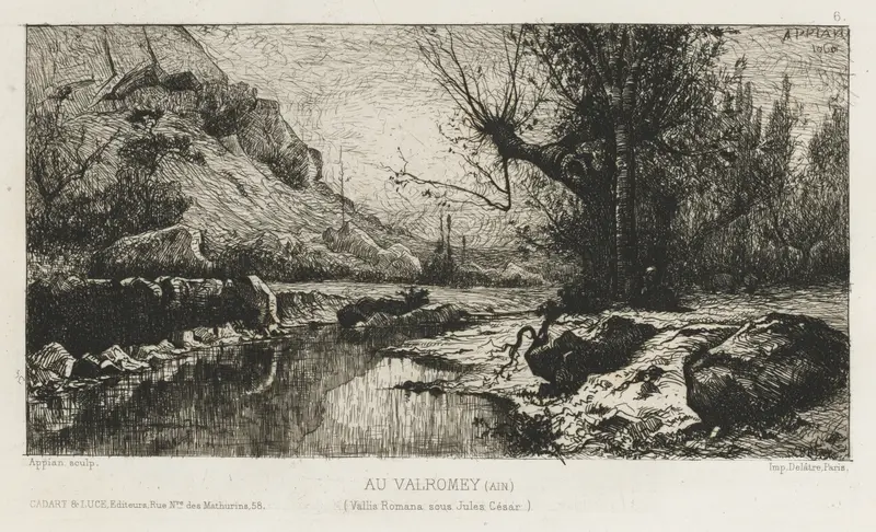 At Valromay (Ain) by Adolphe Appian, oil painting depicting a river and foliage under an overcast sky.