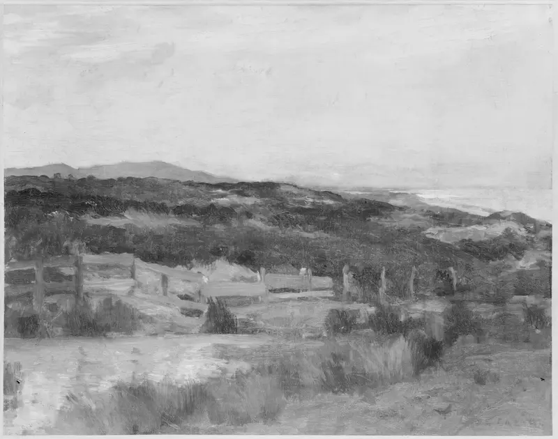 Landscape oil painting by Jean-Charles Cazin depicting hills and gentle light
