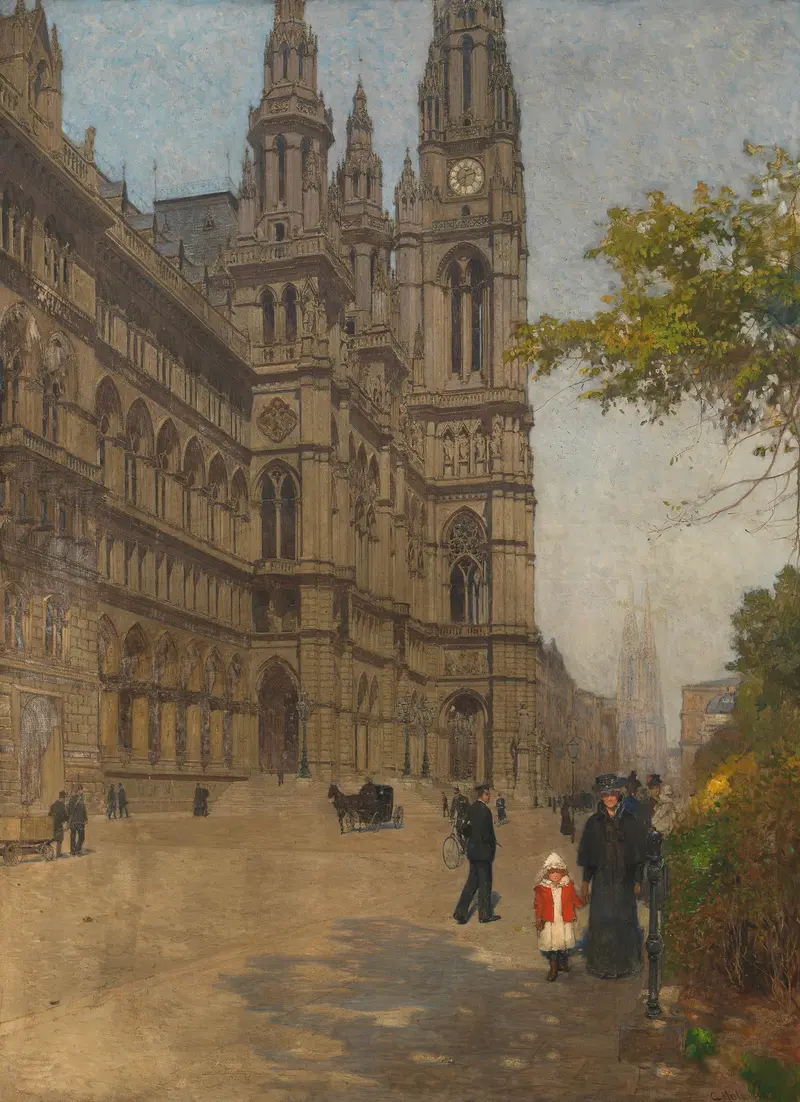 Architecture by Carl Moll, Das neue Rathaus, 1898, featuring intricate details and lush greenery.
