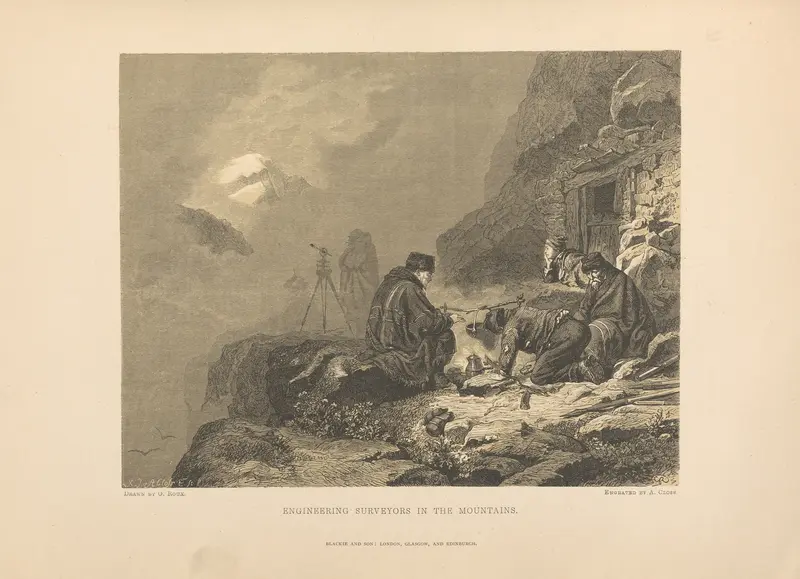 Engineering Surveyors in the Mountains by Theodor Gsell Fels, oil painting depicting engineers in a mountainous landscape.