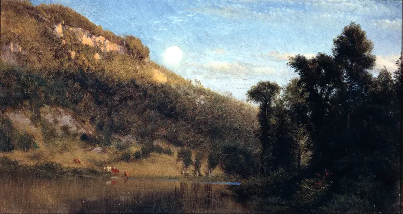 Berkshire Foothills, Full Moon Over Meadowbrook by Aaron Draper Shattuck, oil painting of a moonlit landscape.