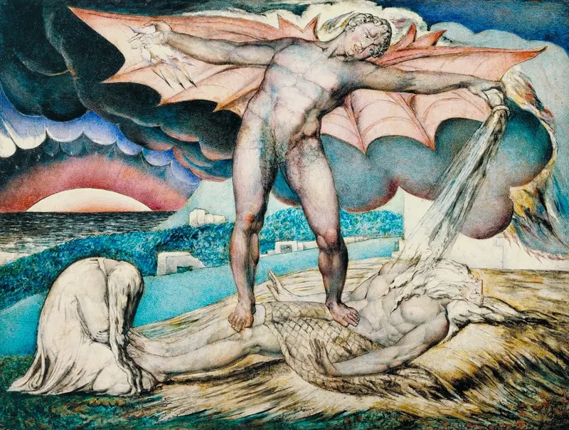 William Blake's 'Satan Smiting Job with Sore Boils' depicts Job in agony as Satan looms above him.