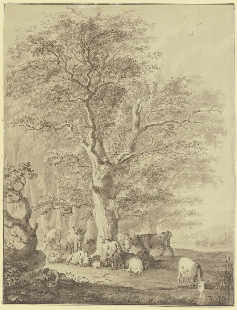 Cattle and sheep resting under an oak tree, oil on canvas by Johann Georg Pforr