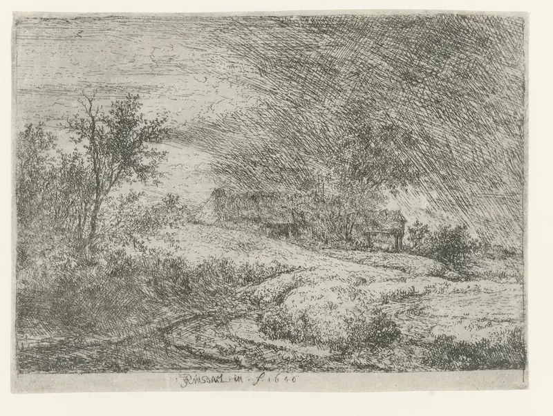 Landschap met een boerderij, etching by Jacob Isaacksz van Ruisdael depicting a rural landscape with a farmstead.