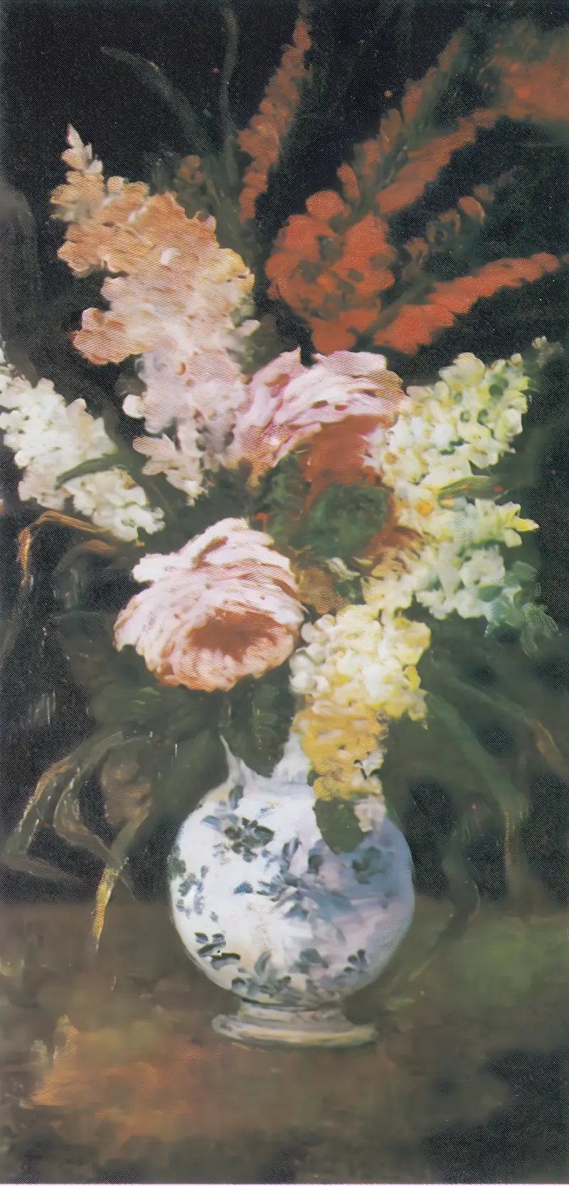 A tall white vase decorated with blue floral patterns holds a bouquet of orange-red gladioli, yellow blooms, and green leaves on a brown table.