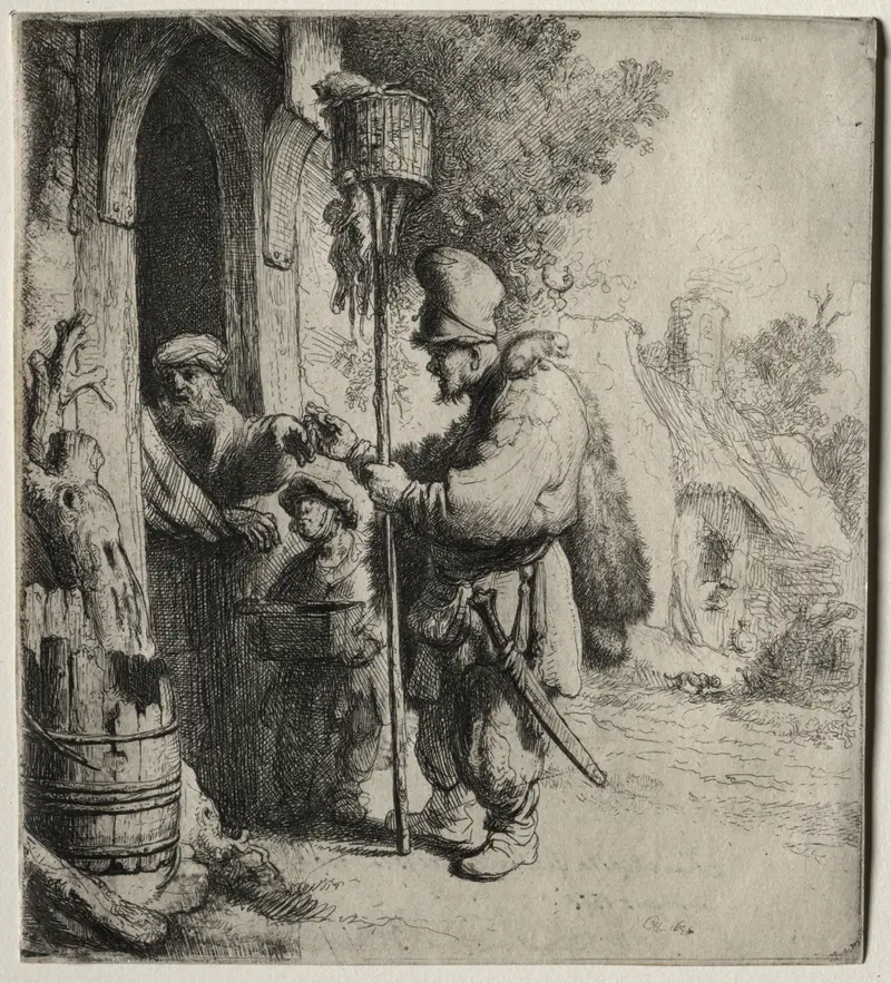 Etching by Rembrandt van Rijn depicting a vendor with rats.