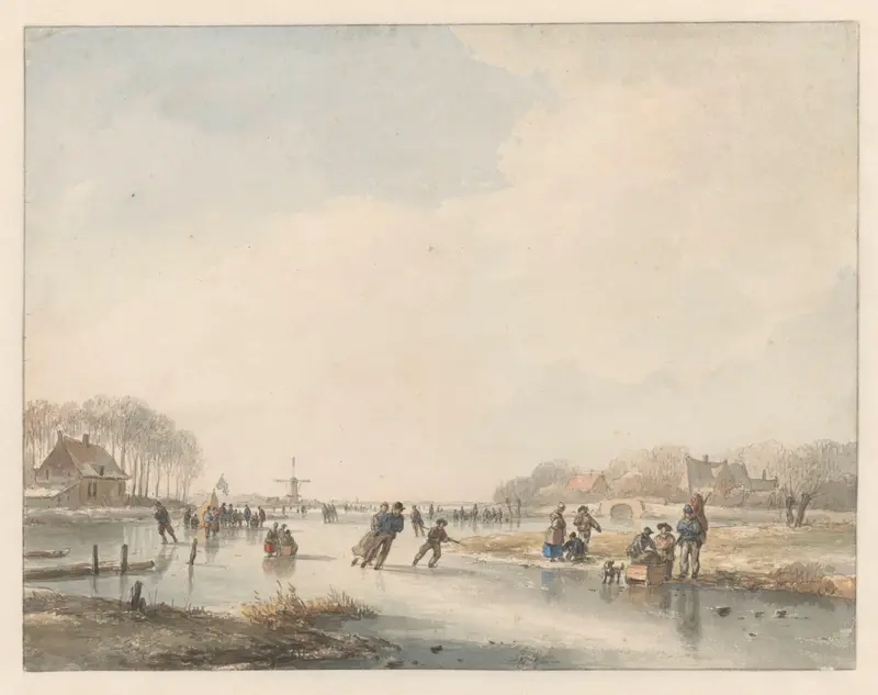 Landschap met schaatsenrijders by Andreas Schelfhout, oil painting depicting skaters on a frozen lake.