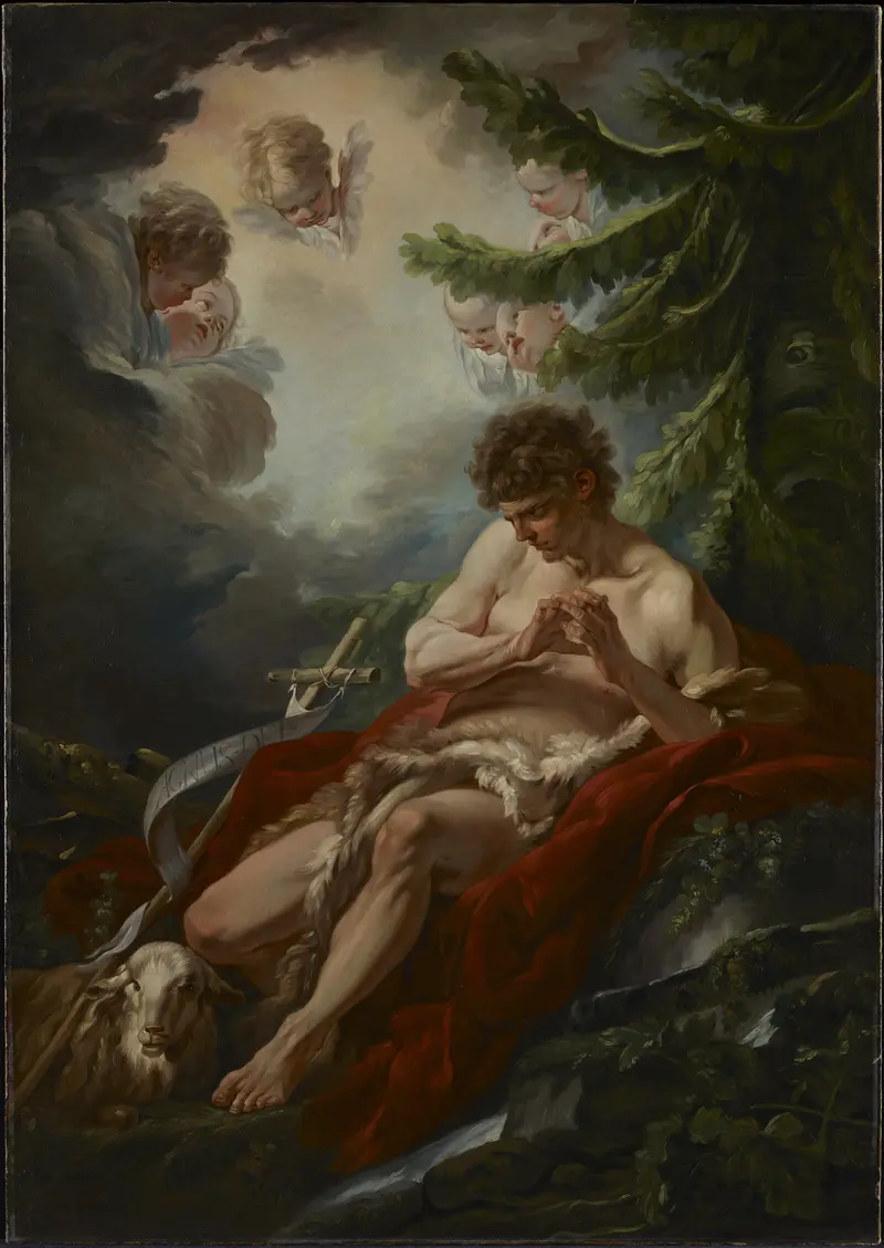 François Boucher's 'Saint John the Baptist' depicts the figure in serene meditation against a rocky backdrop.