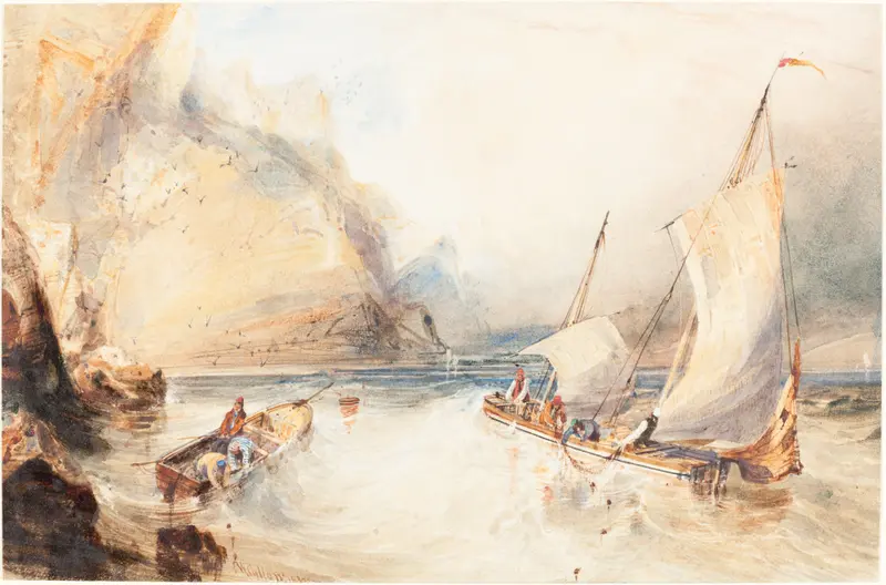 Fishing Boats off a Rocky Coast, oil on canvas by William Callow