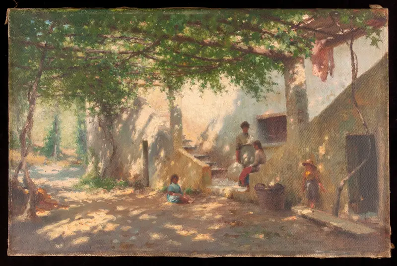 A serene landscape painting depicting Sestri Levante under a pergola.