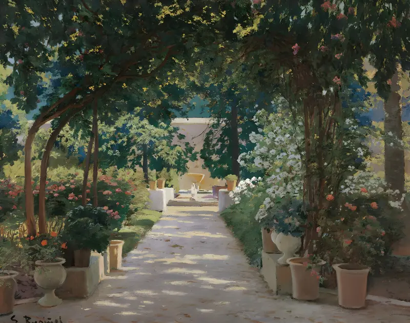Santiago Rusiñol's painting captures a serene terrace in Játiva, Valencia.