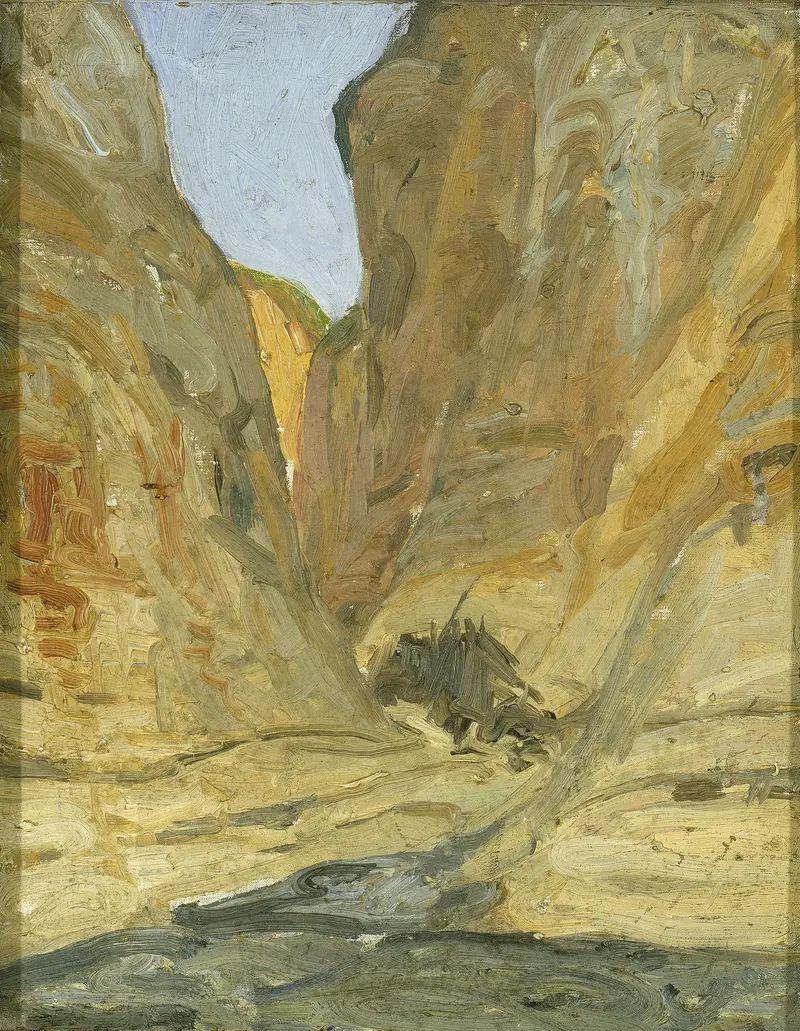 The Canyon by Henry Ossawa Tanner, oil painting depicting a vast canyon with light and shadow.