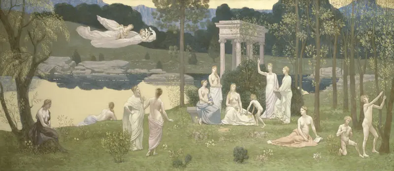 Oil painting by Pierre Puvis de Chavannes depicting a serene grove with muses and creative figures.