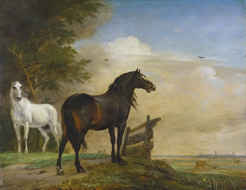 Two horses in a meadow with cattle, oil on panel by Paulus Potter