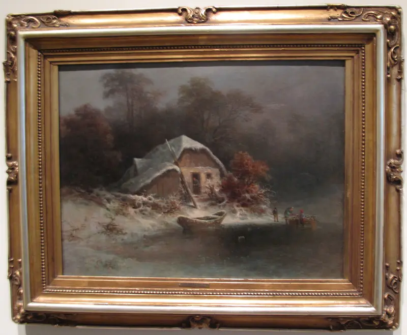 A winter scene with a thatched cottage, smoke curling from the chimney, and figures by a frozen lake.