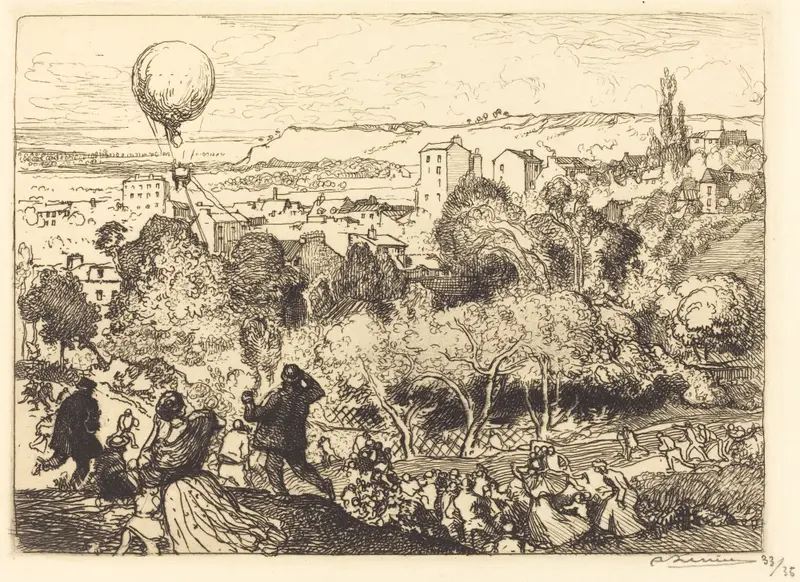A balloon descends over the rooftops and trees of Pré-Saint-Gervais, with a crowd below reacting in anticipation.