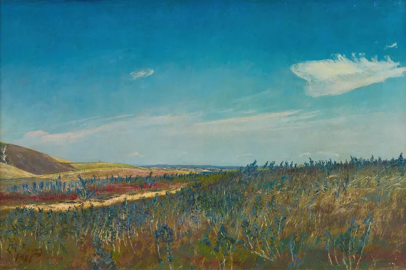 Landscape view with fields and water, oil painting by Laurits Andersen Ring