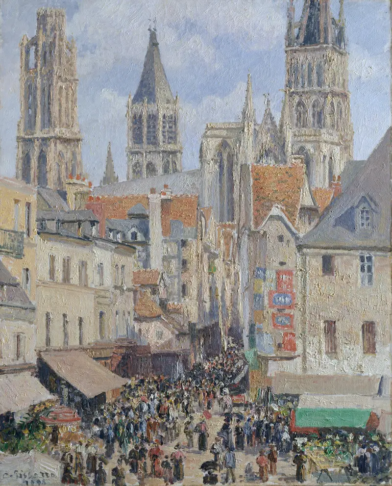 Rue de l’Épicerie, Rouen oil painting by Camille Pissarro showing sunlight on a bustling street
