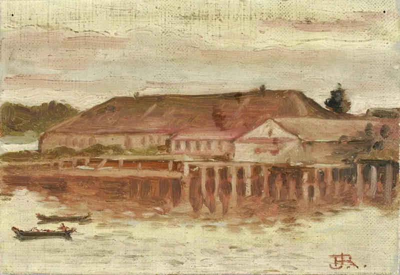 Trading Post And Wharf Buildings, Sitka, evening, by Theodore J. Richardson, medium unknown