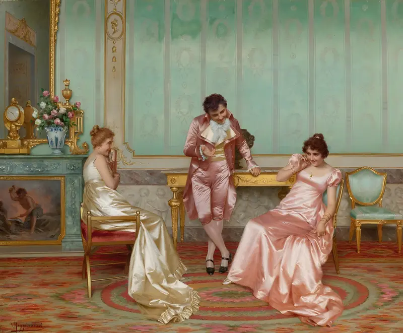 A humorous scene depicting a lively gathering of figures in a domestic setting.