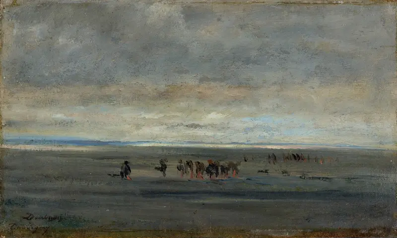 Clam Diggers by Charles François Daubigny, oil on canvas depicting figures in tidal sands.
