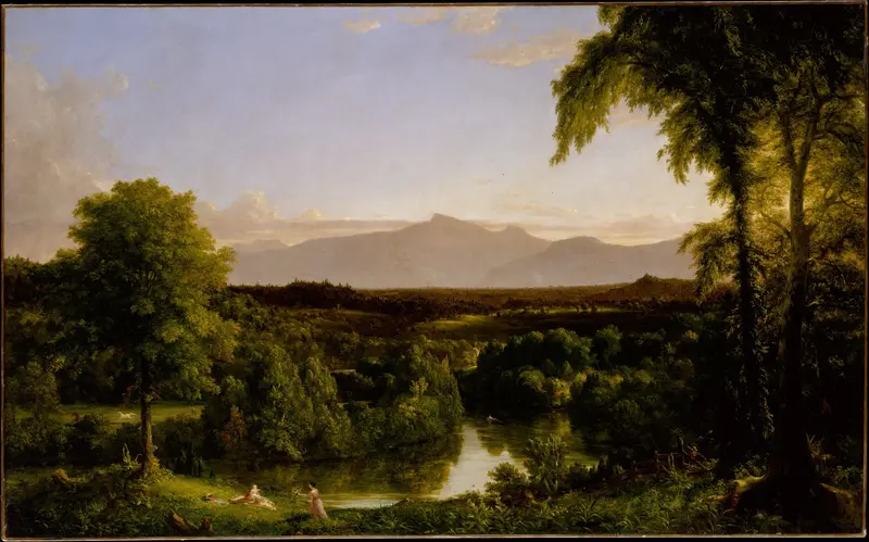 View on the Catskill—Early Autumn by Thomas Cole, oil painting depicting autumn hills and colorful foliage.
