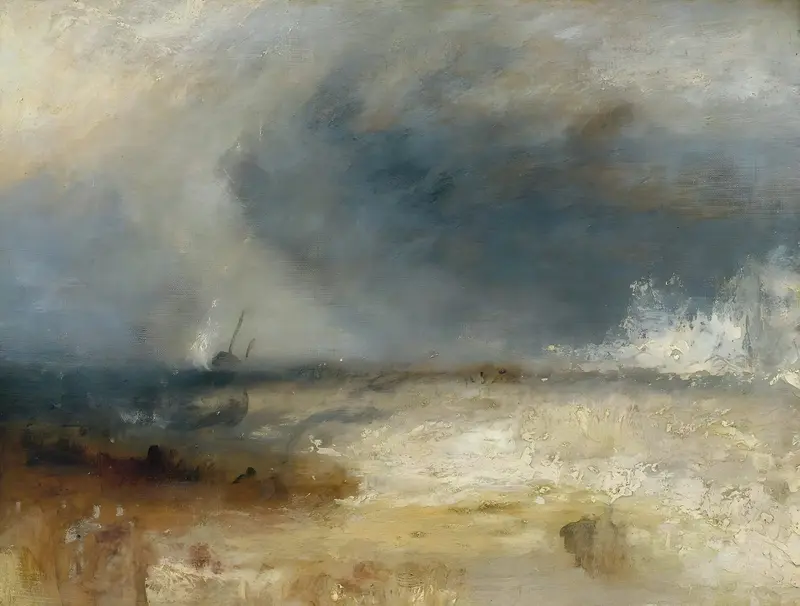 A dynamic seascape depicting waves crashing onto the shore under a shifting sky.