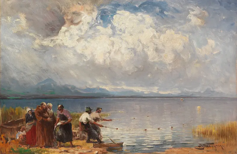 Fischer und Mönche am Ufer by Joseph Wopfner, realism, depicting fishermen by a river