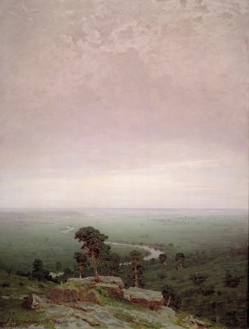 A vast sky dominates the canvas, with a winding river and solitary trees in a green plain.