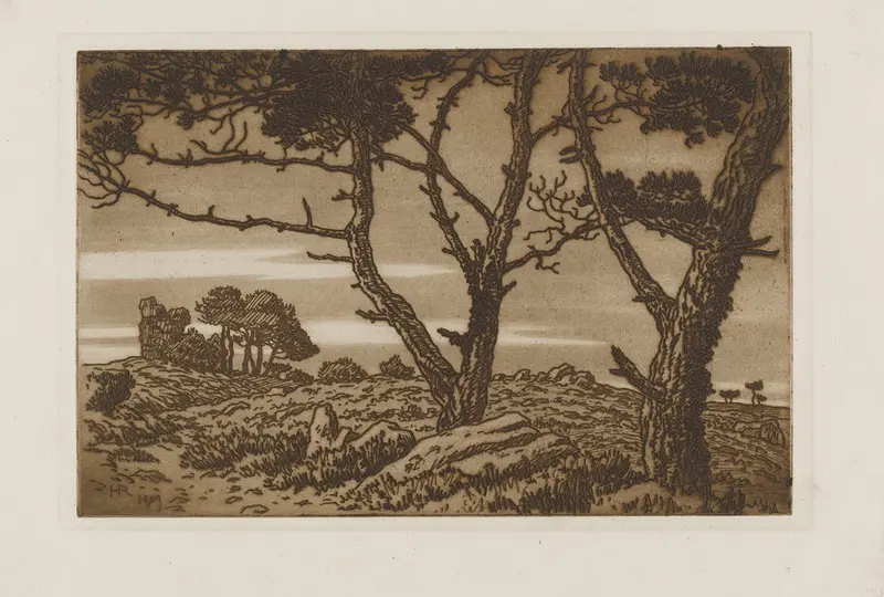 Henri Rivière's painting features old trees in a moody landscape.
