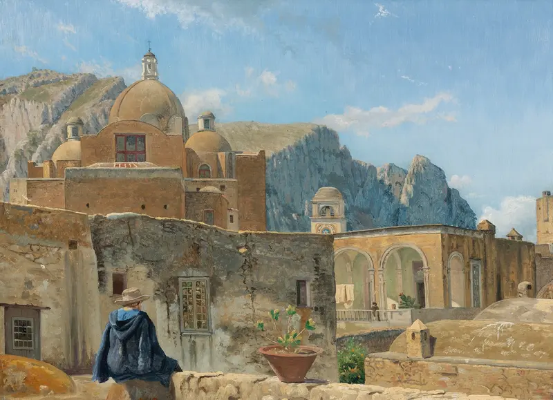 A young boy on a stone wall overlooking Capri, oil on canvas by Vilhelm Kyhn
