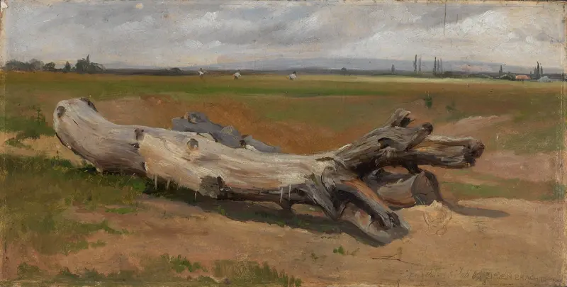 Baumstämme an der Ziegelhütte by Eugen Bracht, oil on canvas depicting weathered logs in golden light.
